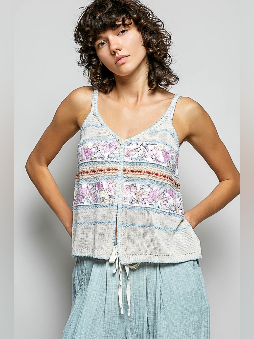 POL Cream Blue Printed Contrast Button Down Cami Top🛍️